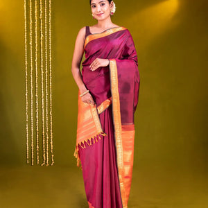Maroon Handloom Kanchipuram Silk Saree With Annam Motifs In Border-Maroon
