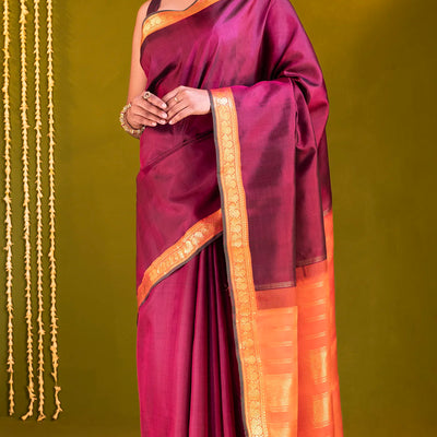 Maroon Handloom Kanchipuram Silk Saree With Annam Motifs In Border-Maroon
