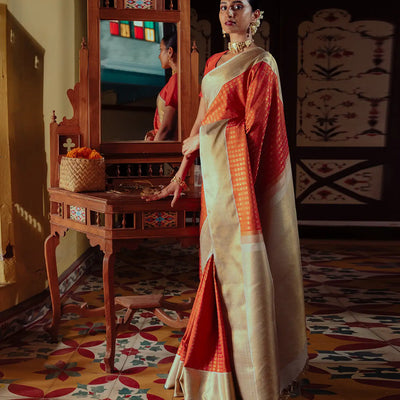 Orange Handloom Kanchipuram Korvai Silk Saree With Annam Chakaram Motifs-Orange