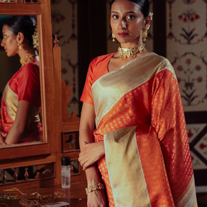 Orange Handloom Kanchipuram Korvai Silk Saree With Annam Chakaram Motifs-Orange