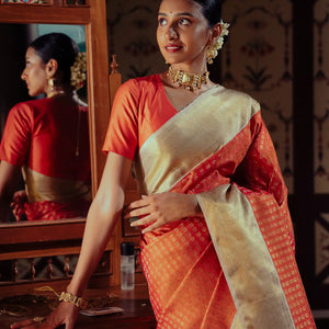 Orange Handloom Kanchipuram Korvai Silk Saree With Annam Chakaram Motifs-Orange