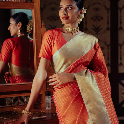 Orange Handloom Kanchipuram Korvai Silk Saree With Annam Chakaram Motifs-Orange