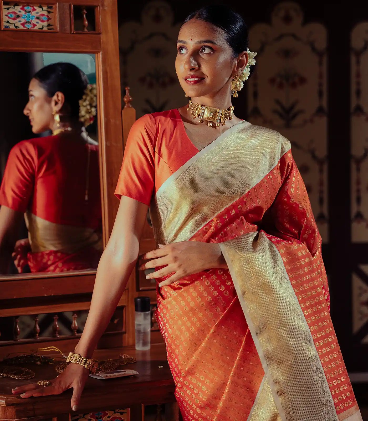 Orange Handloom Kanchipuram Korvai Silk Saree With Annam Chakaram Motifs-Orange