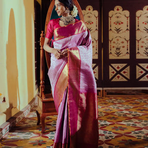 Lavender Handloom Kanchipuram Korvai Silk Saree Meena Floral Motifs-Lavander