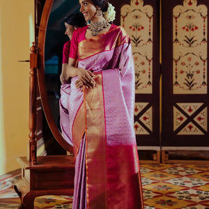 Lavender Handloom Kanchipuram Korvai Silk Saree Meena Floral Motifs-Lavander