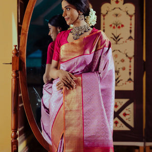 Lavender Handloom Kanchipuram Korvai Silk Saree Meena Floral Motifs-Lavander