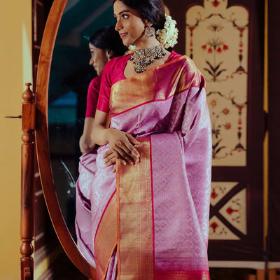 Lavender Handloom Kanchipuram Korvai Silk Saree Meena Floral Motifs-Lavander