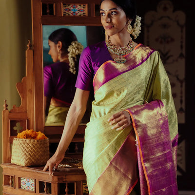 Cardamom Green Handloom Kanchipuram Korvai Silk Saree With Beldari Checks-Cardamom Green