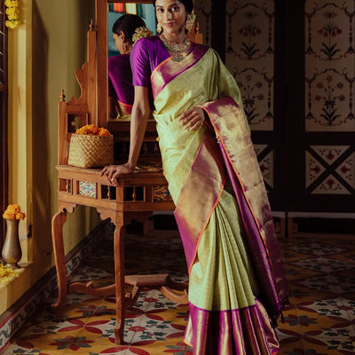 Cardamom Green Handloom Kanchipuram Korvai Silk Saree With Beldari Checks-Cardamom Green
