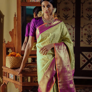 Cardamom Green Handloom Kanchipuram Korvai Silk Saree With Beldari Checks-Cardamom Green