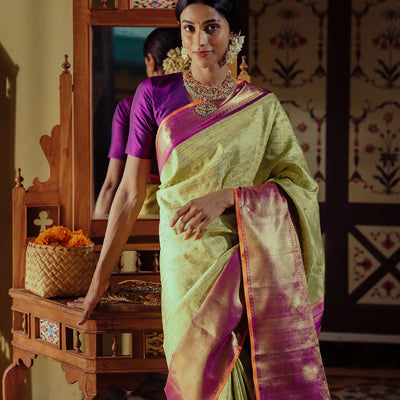 Cardamom Green Handloom Kanchipuram Korvai Silk Saree With Beldari Checks-Cardamom Green