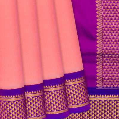 Light Peach Handloom 9 Yards Korvai Silk Saree With Contrast Border-Light Peach