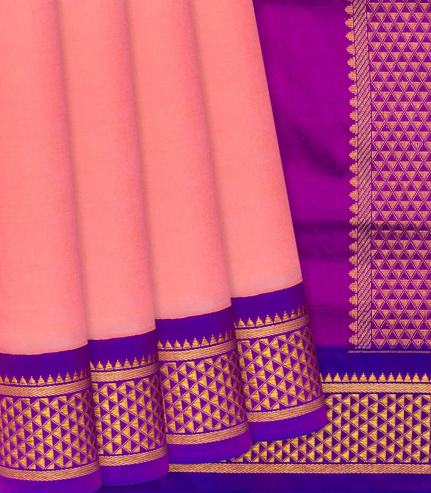 Light Peach Handloom 9 Yards Korvai Silk Saree With Contrast Border-Light Peach