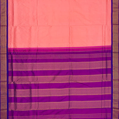 Light Peach Handloom 9 Yards Korvai Silk Saree With Contrast Border-Light Peach