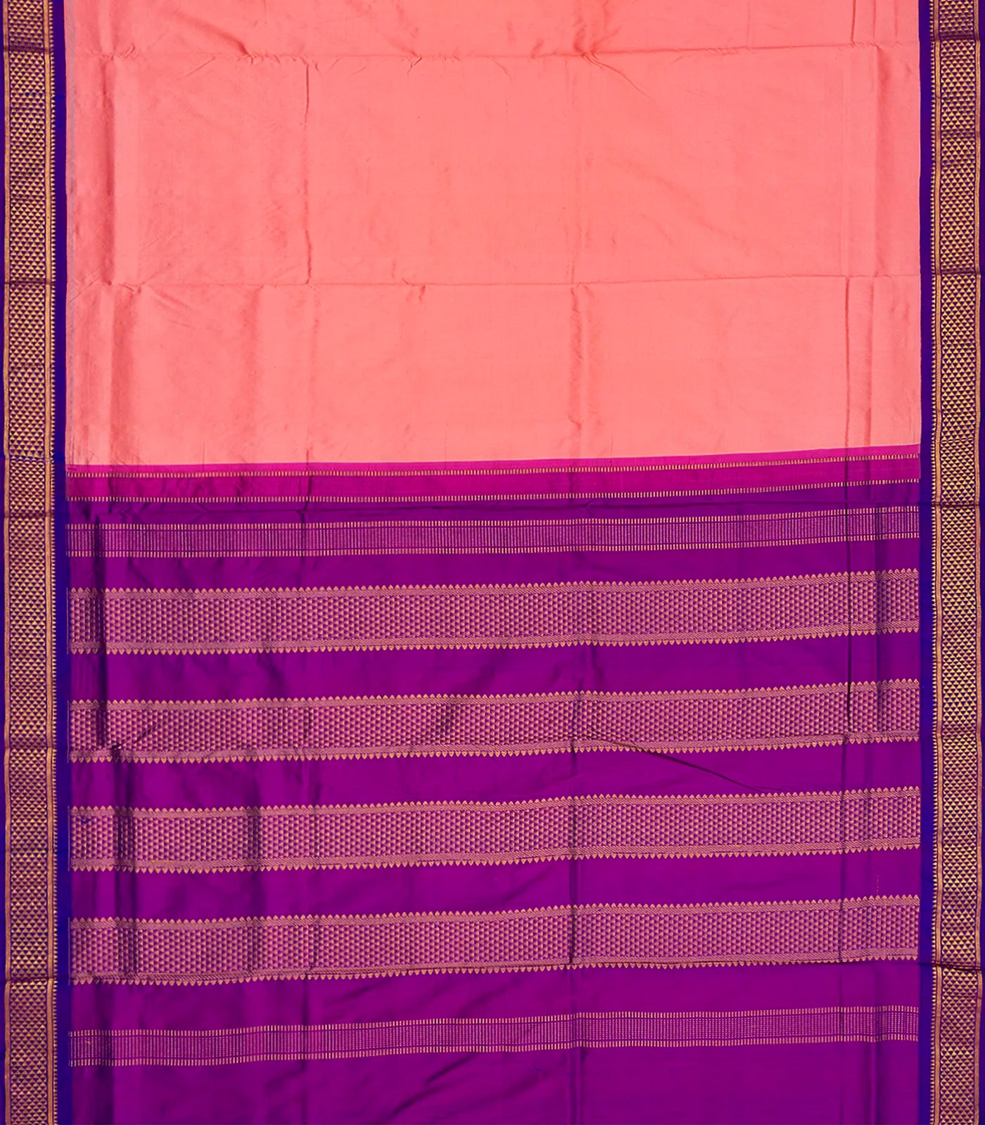 Light Peach Handloom 9 Yards Korvai Silk Saree With Contrast Border-Light Peach