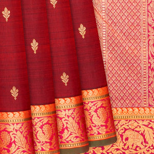 Maroon Handloom Kanchipuram Silk Saree With Floral Buttas-Maroon
