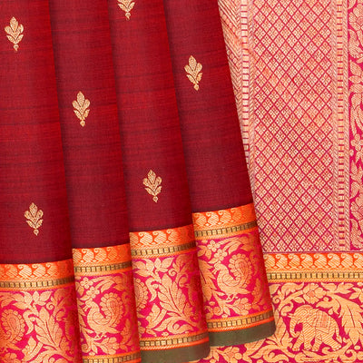 Maroon Handloom Kanchipuram Silk Saree With Floral Buttas-Maroon