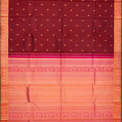Maroon Handloom Kanchipuram Silk Saree With Floral Buttas-Maroon