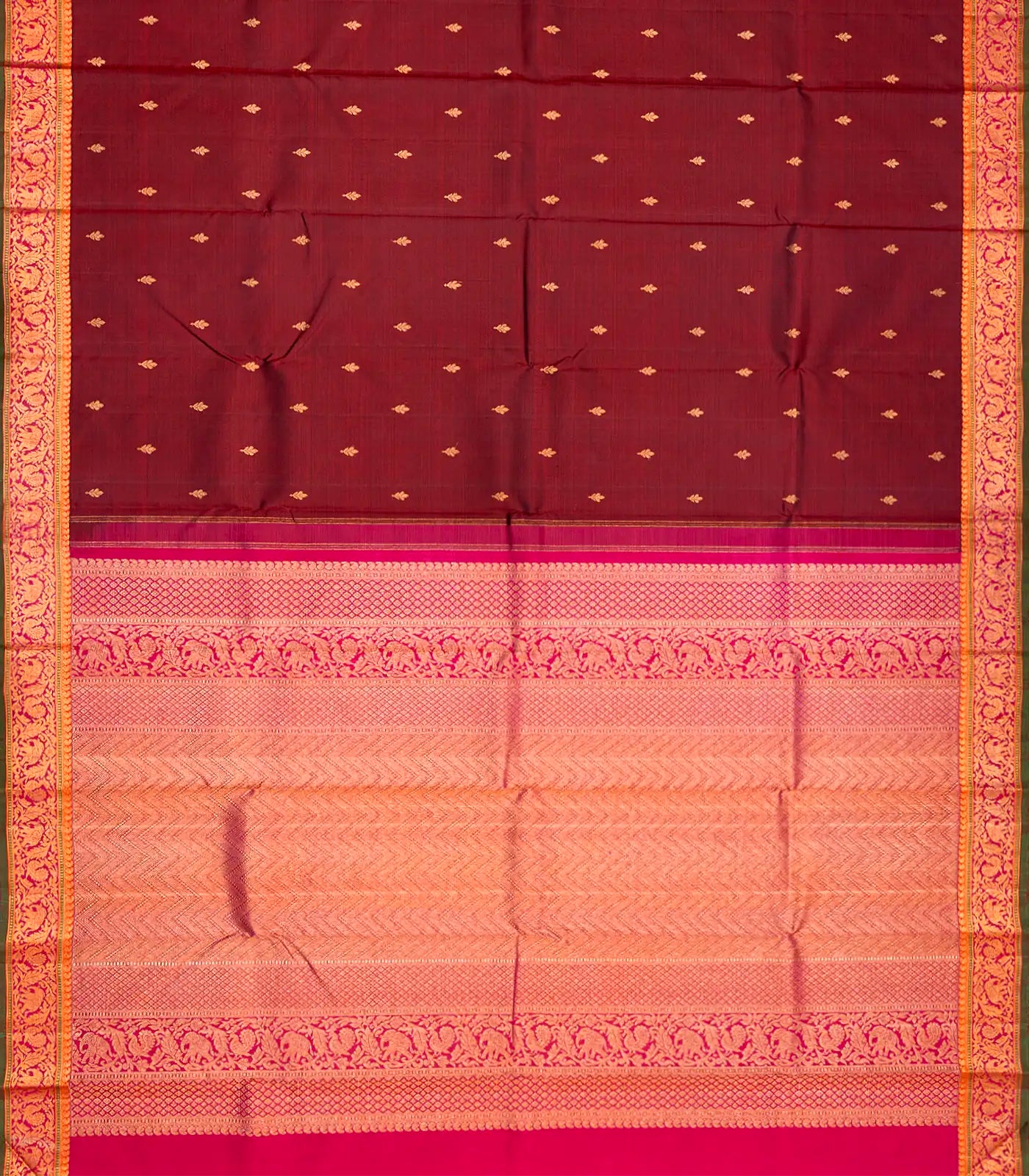 Maroon Handloom Kanchipuram Silk Saree With Floral Buttas-Maroon