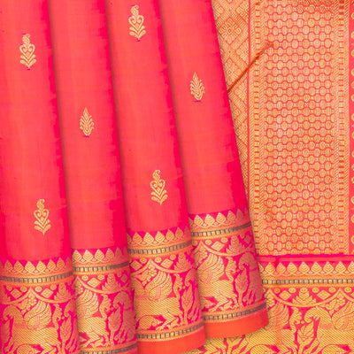 Peach Handloom Kanchipuram Silk Saree With Floral Buttas-Peach