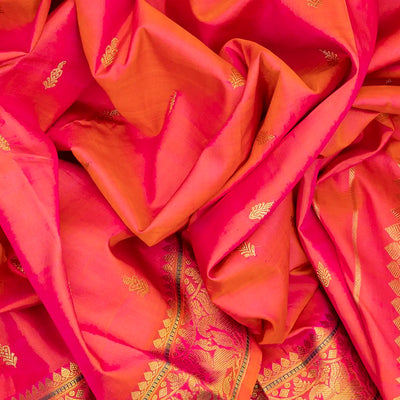 Peach Handloom Kanchipuram Silk Saree With Floral Buttas-Peach