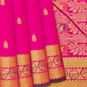 Hot Pink Handloom Kanchipuram Silk Saree With Floral Buttas-Hot Pink
