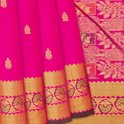 Hot Pink Handloom Kanchipuram Silk Saree With Floral Buttas-Hot Pink