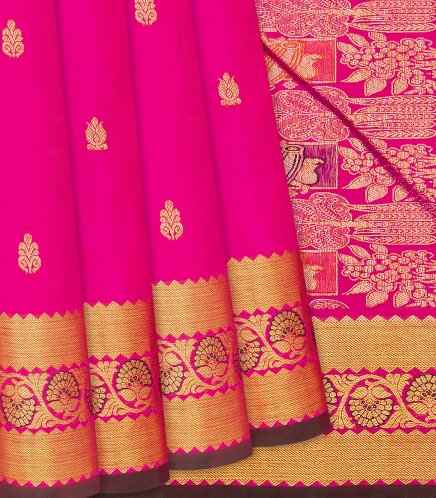 Hot Pink Handloom Kanchipuram Silk Saree With Floral Buttas-Hot Pink