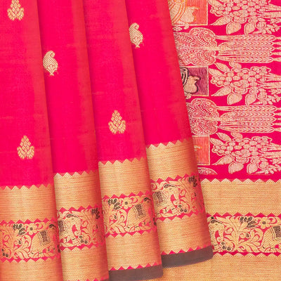Pink Handloom Kanchipuram Silk Saree With Floral Buttas-Pink