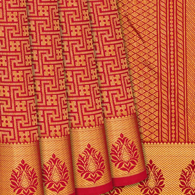 Crimson Handloom Kanchipuram Silk Saree With Swastik Motifs-Crimson