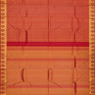 Crimson Handloom Kanchipuram Silk Saree With Swastik Motifs-Crimson