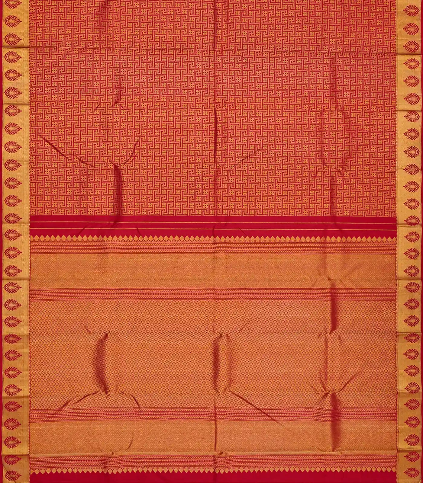 Crimson Handloom Kanchipuram Silk Saree With Swastik Motifs-Crimson