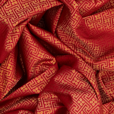 Crimson Handloom Kanchipuram Silk Saree With Swastik Motifs-Crimson