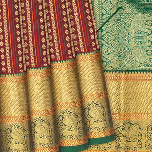 Maroon Handloom Kanchipuram Silk Saree With Floral Stripes-Maroon