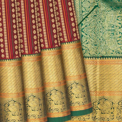 Maroon Handloom Kanchipuram Silk Saree With Floral Stripes-Maroon