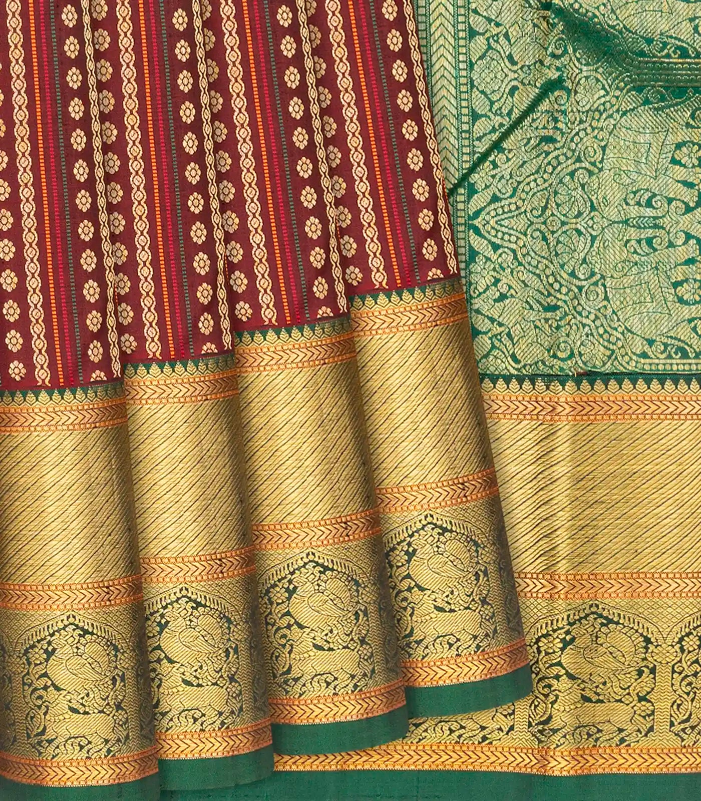 Maroon Handloom Kanchipuram Silk Saree With Floral Stripes-Maroon