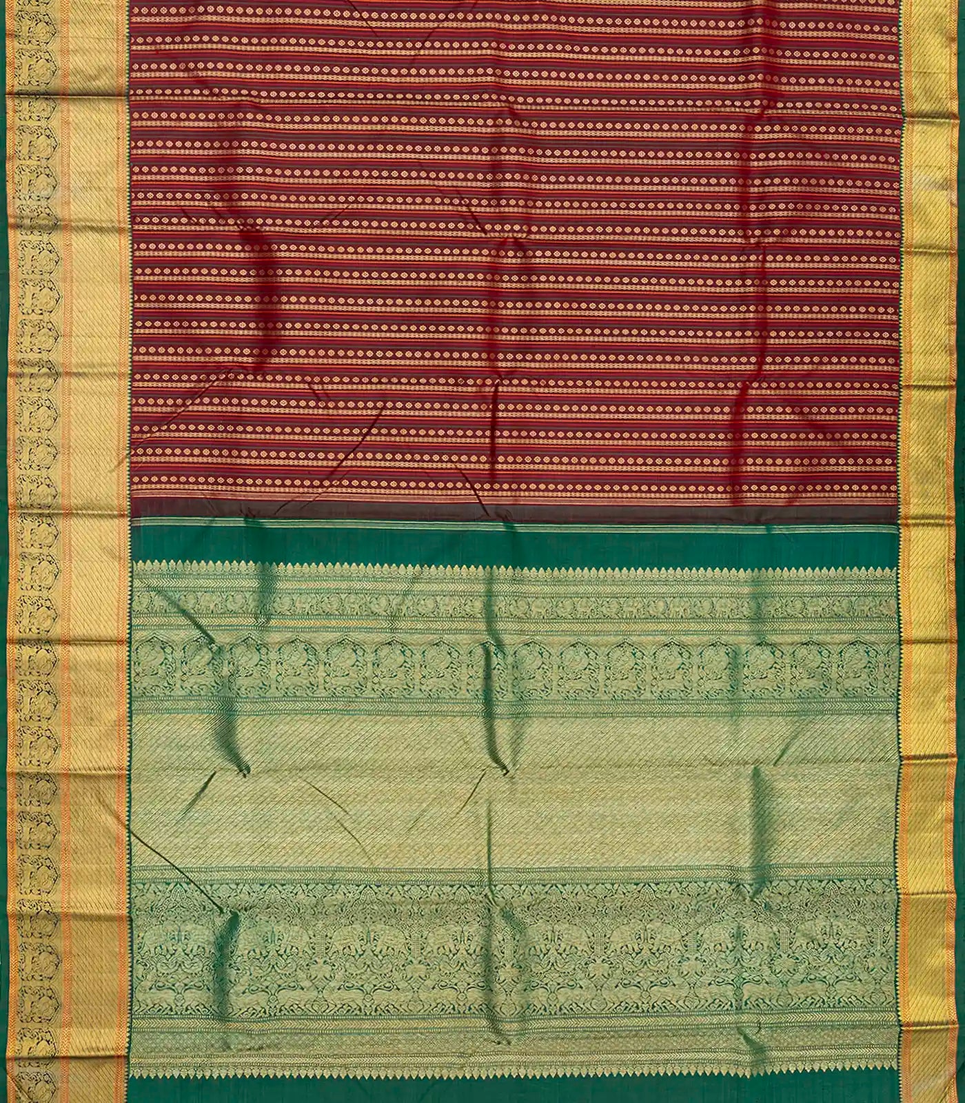 Maroon Handloom Kanchipuram Silk Saree With Floral Stripes-Maroon