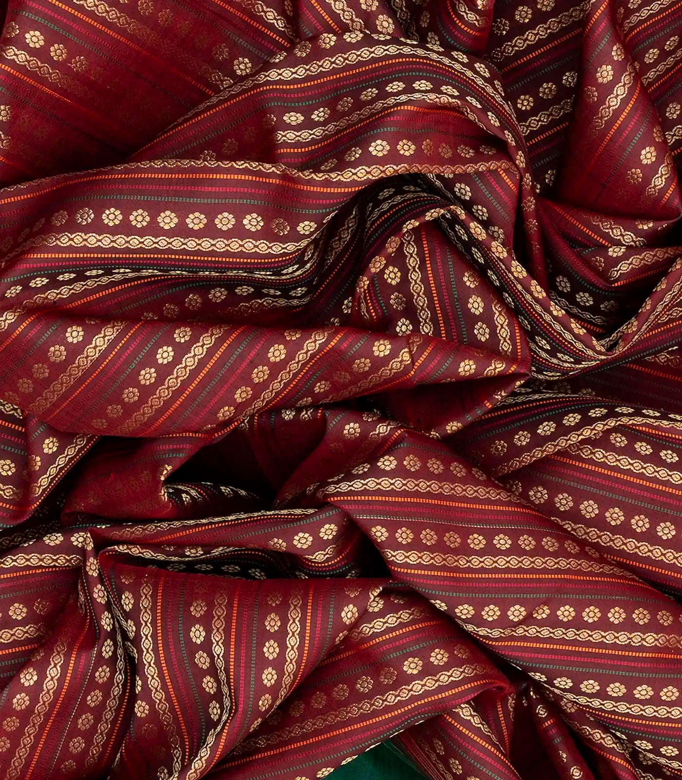 Maroon Handloom Kanchipuram Silk Saree With Floral Stripes-Maroon