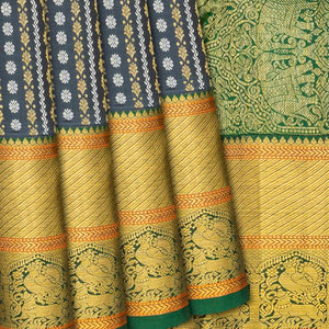 Grey Handloom Kanchipuram Silk Saree With Floral Stripes-Grey