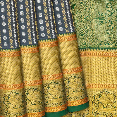 Grey Handloom Kanchipuram Silk Saree With Floral Stripes-Grey
