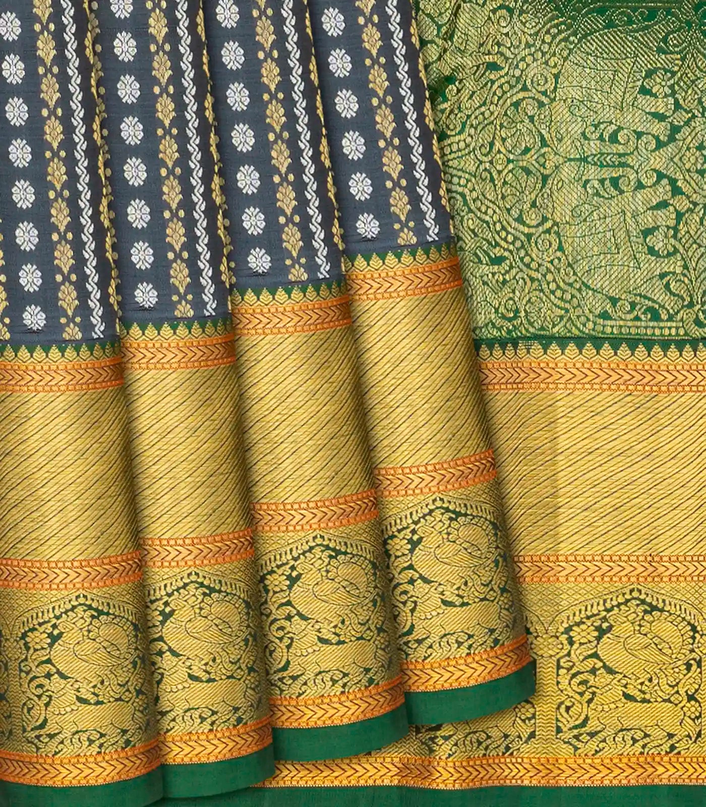 Grey Handloom Kanchipuram Silk Saree With Floral Stripes-Grey