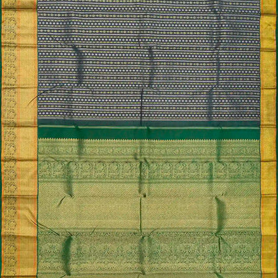 Grey Handloom Kanchipuram Silk Saree With Floral Stripes-Grey