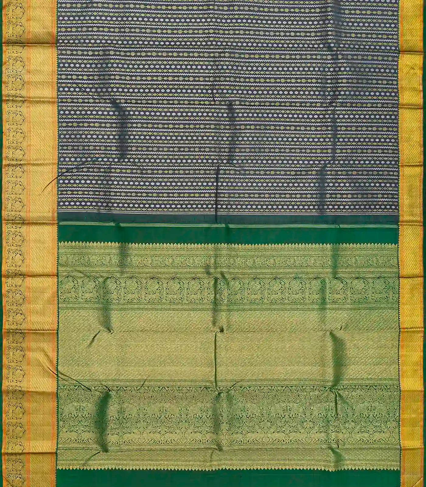 Grey Handloom Kanchipuram Silk Saree With Floral Stripes-Grey