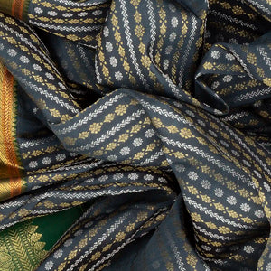 Grey Handloom Kanchipuram Silk Saree With Floral Stripes-Grey