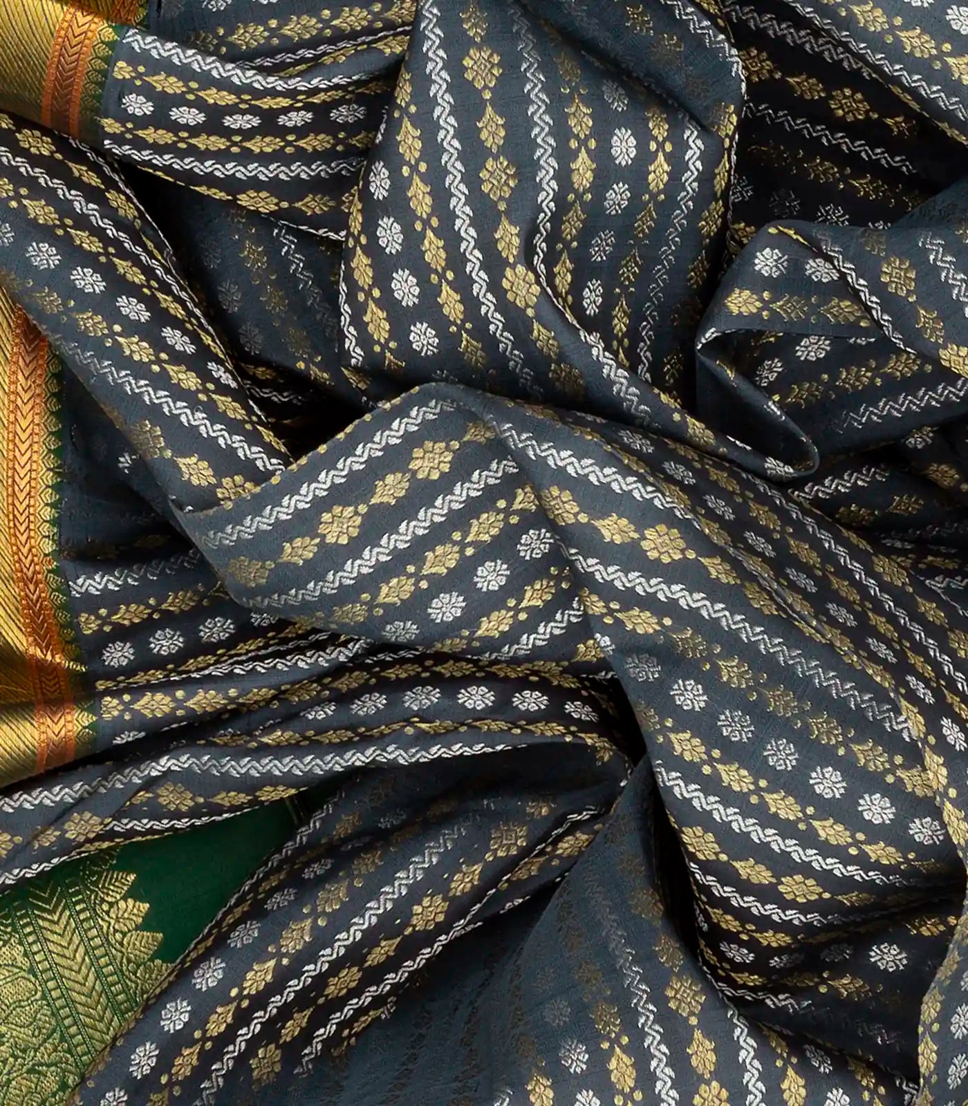 Grey Handloom Kanchipuram Silk Saree With Floral Stripes-Grey