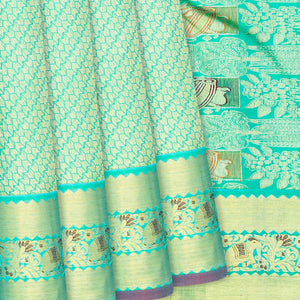Turquoise Handloom Kanchipuram Silk Saree With Floral Motifs-Turquoise
