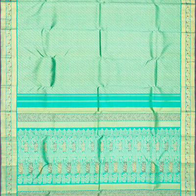 Turquoise Handloom Kanchipuram Silk Saree With Floral Motifs-Turquoise