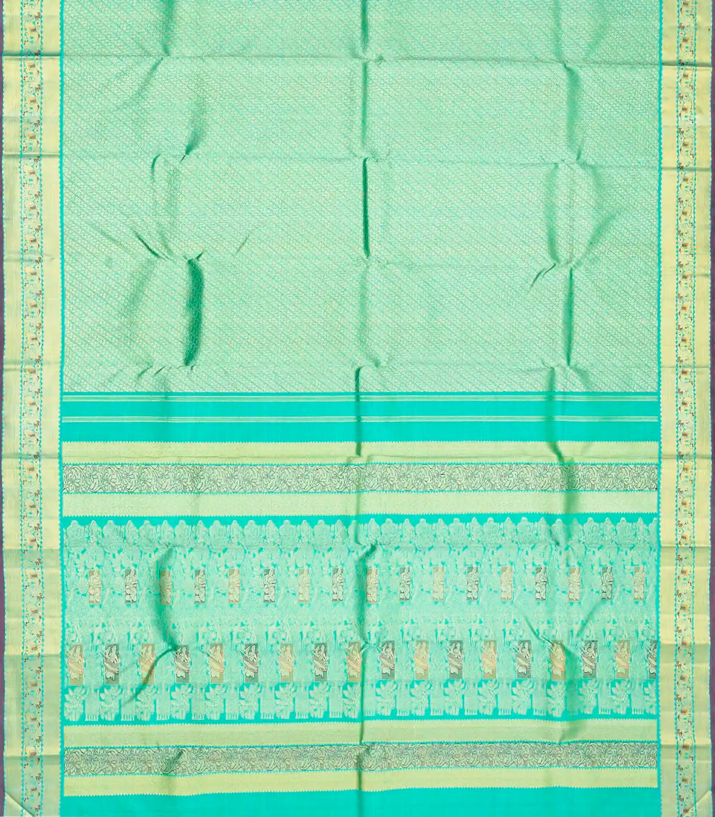 Turquoise Handloom Kanchipuram Silk Saree With Floral Motifs-Turquoise