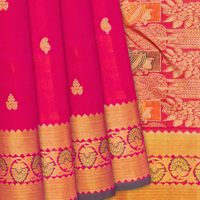 Red Handloom Kanchipuram Silk Saree With Floral Buttas-Red