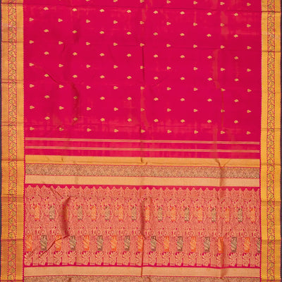 Red Handloom Kanchipuram Silk Saree With Floral Buttas-Red